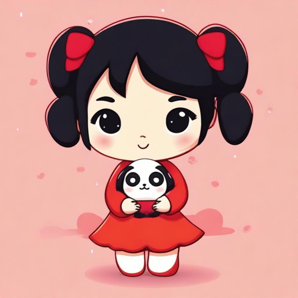 Create a cute chibi-style illustration of Pucca holding a small Garu plushie in her hands and hugging it