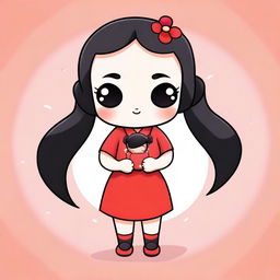 Create a cute chibi-style illustration of Pucca holding a small Garu plushie in her hands and hugging it