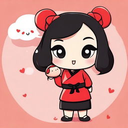 Create a cute chibi-style illustration of Pucca holding a small Garu plushie in her hands and hugging it