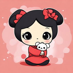 Create a cute chibi-style illustration of Pucca holding a small Garu plushie in her hands and hugging it