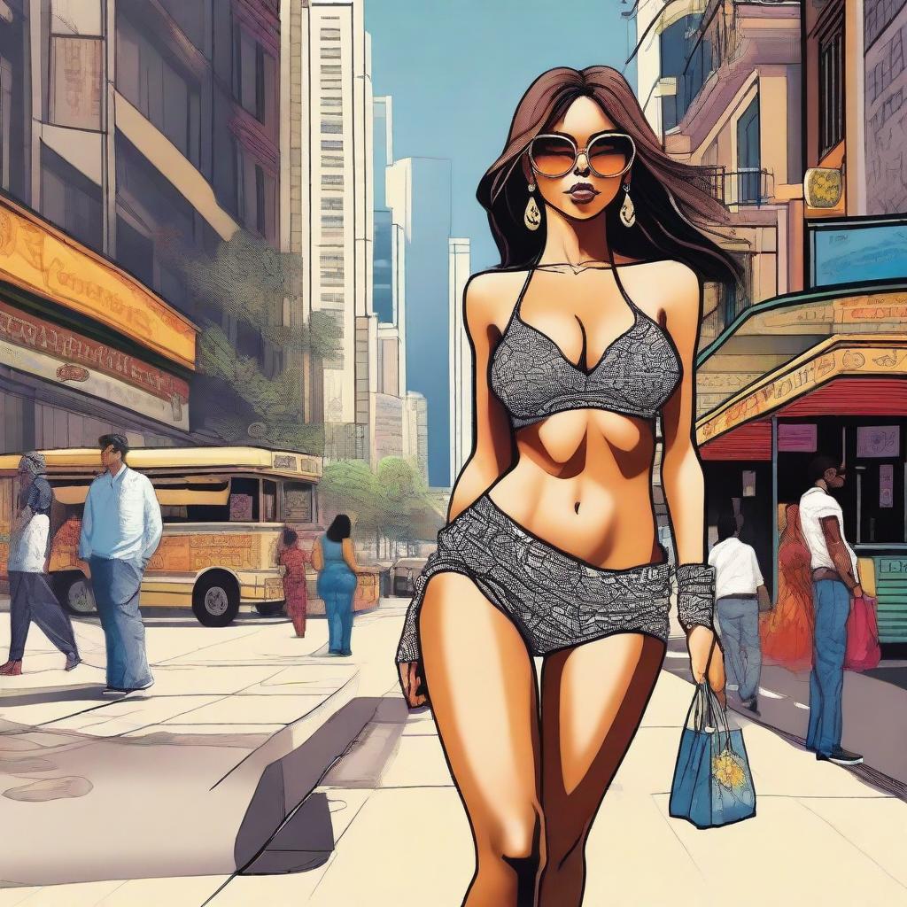 A woman is walking down the street in a bustling urban area, wearing a hot and sexy outfit that reveals her cleavage