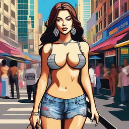 A woman is walking down the street in a bustling urban area, wearing a hot and sexy outfit that reveals her cleavage