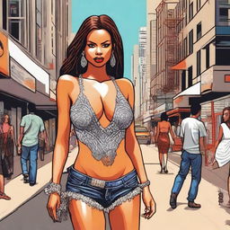 A woman is walking down the street in a bustling urban area, wearing a hot and sexy outfit that reveals her cleavage