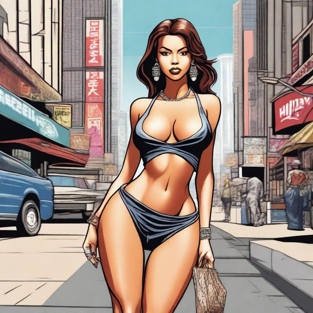 A woman is walking down the street in a bustling urban area, wearing a hot and sexy outfit that reveals her cleavage