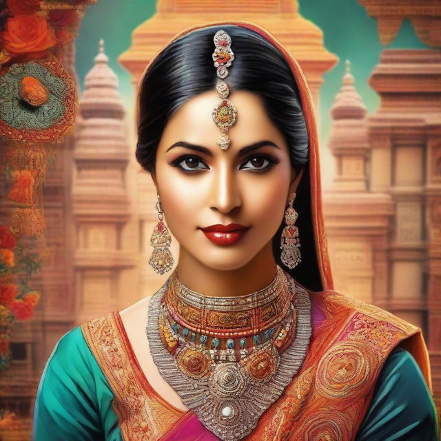 A beautiful Indian woman with traditional attire, featuring intricate jewelry and vibrant colors