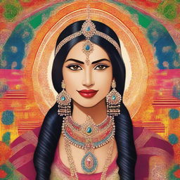 A beautiful Indian woman in stylish attire, with intricate jewelry and vibrant colors