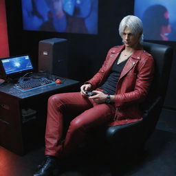 Dante from Devil May Cry seated comfortably, engrossed in playing a video game on a high-tech gaming set-up.