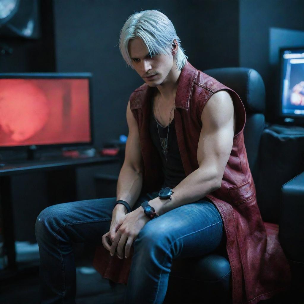 Dante from Devil May Cry seated comfortably, engrossed in playing a video game on a high-tech gaming set-up.