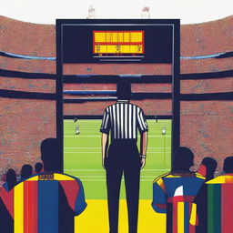 Design a movie poster for 'Barcelona FC: A Football VAR Referee Life' that captures the essence of football and the use of Video Assistant Referee (VAR) technology in the game