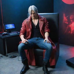 Dante from Devil May Cry seated comfortably, engrossed in playing a video game on a high-tech gaming set-up.