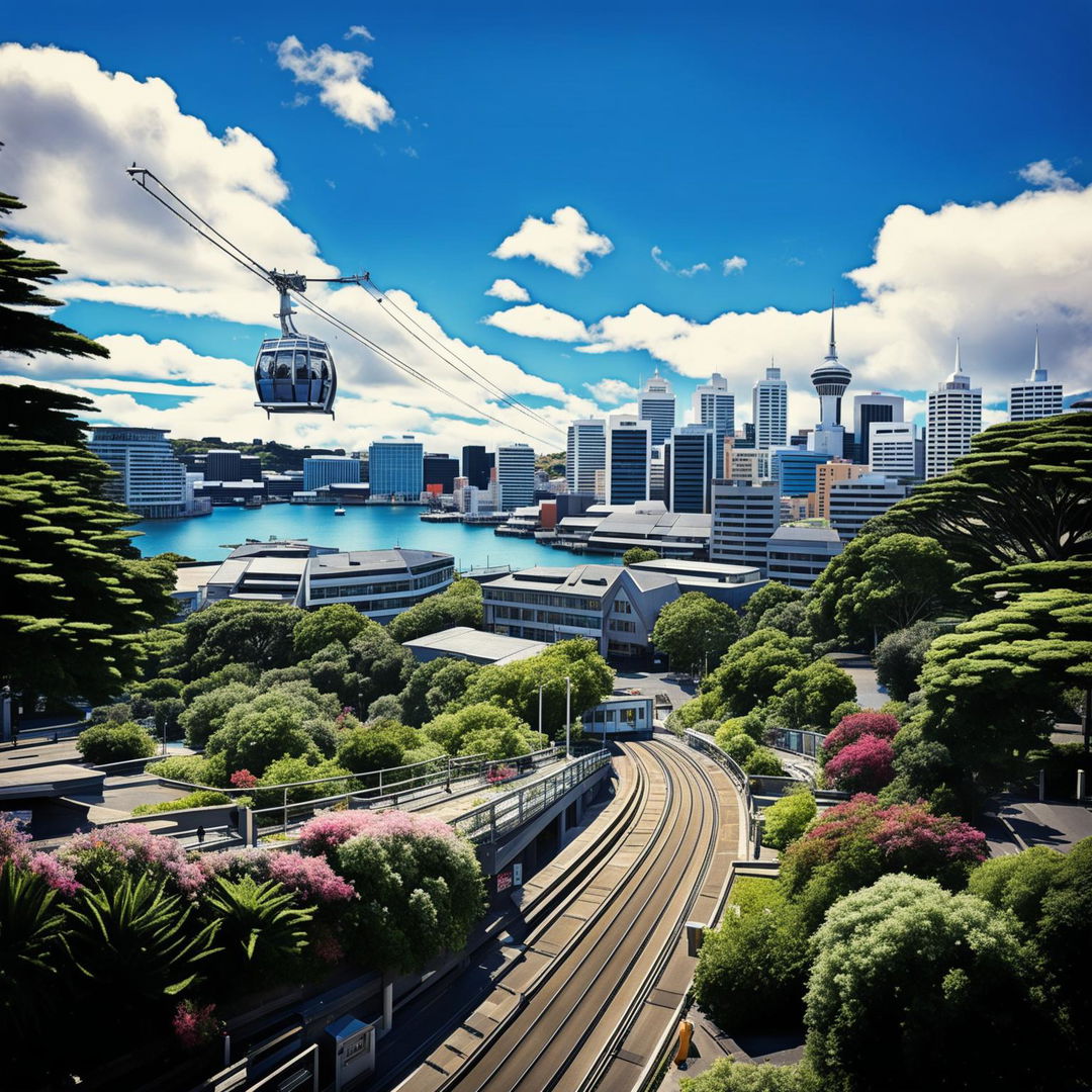 Create a vibrant image of Wellington city featuring the harbour, Cable Car, Botanic Garden, Beehive building, St