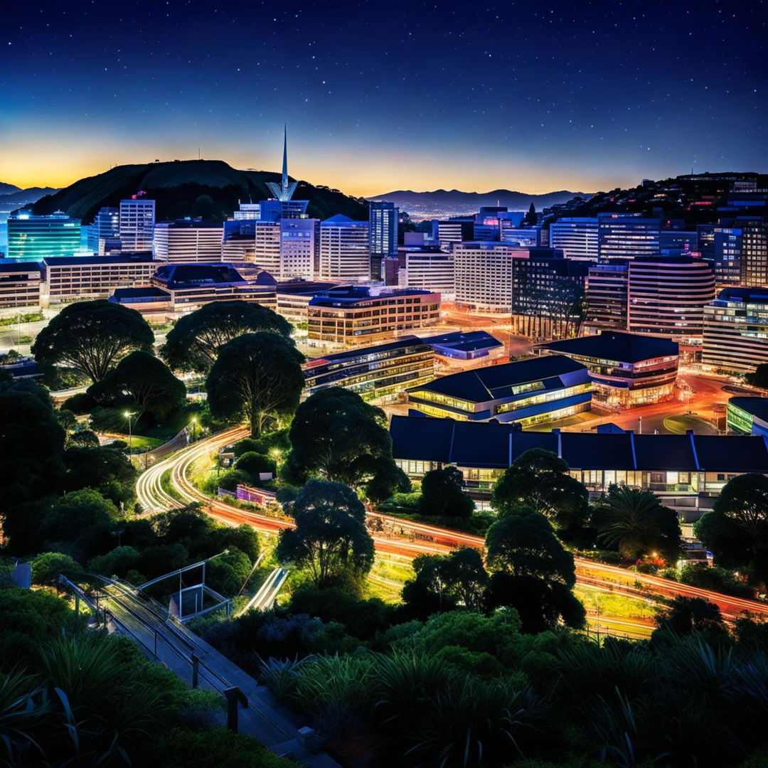 Create a vibrant night-time image of Wellington city featuring the harbour, Cable Car, Botanic Garden, Beehive building, St