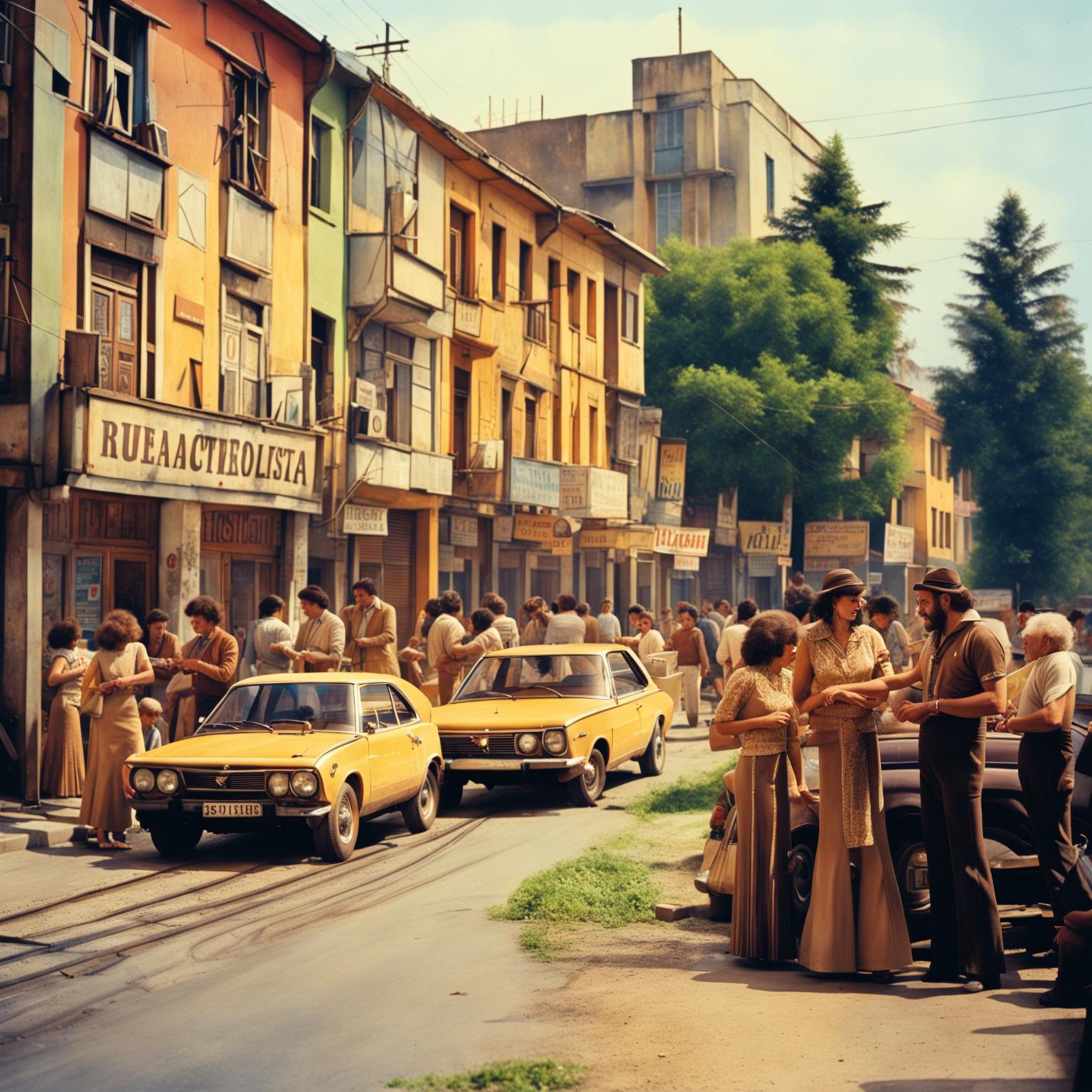 A bustling street scene in Romania during the 1970s, featuring vintage cars, people in 1970s fashion, and typical architecture of the period