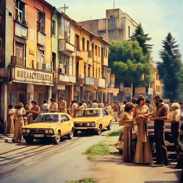 A bustling street scene in Romania during the 1970s, featuring vintage cars, people in 1970s fashion, and typical architecture of the period