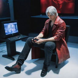 Dante from Devil May Cry seated comfortably, engrossed in playing a video game on a high-tech gaming set-up.