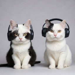 An annoyed black cat and a gleefully content white cat, each sporting stylish headphones, preserving harmony despite their mood differences.