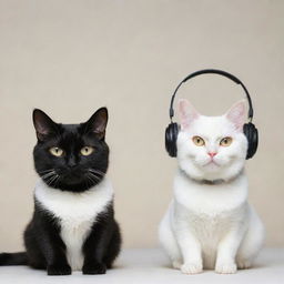 An annoyed black cat and a gleefully content white cat, each sporting stylish headphones, preserving harmony despite their mood differences.