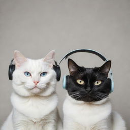 An annoyed black cat and a gleefully content white cat, each sporting stylish headphones, preserving harmony despite their mood differences.