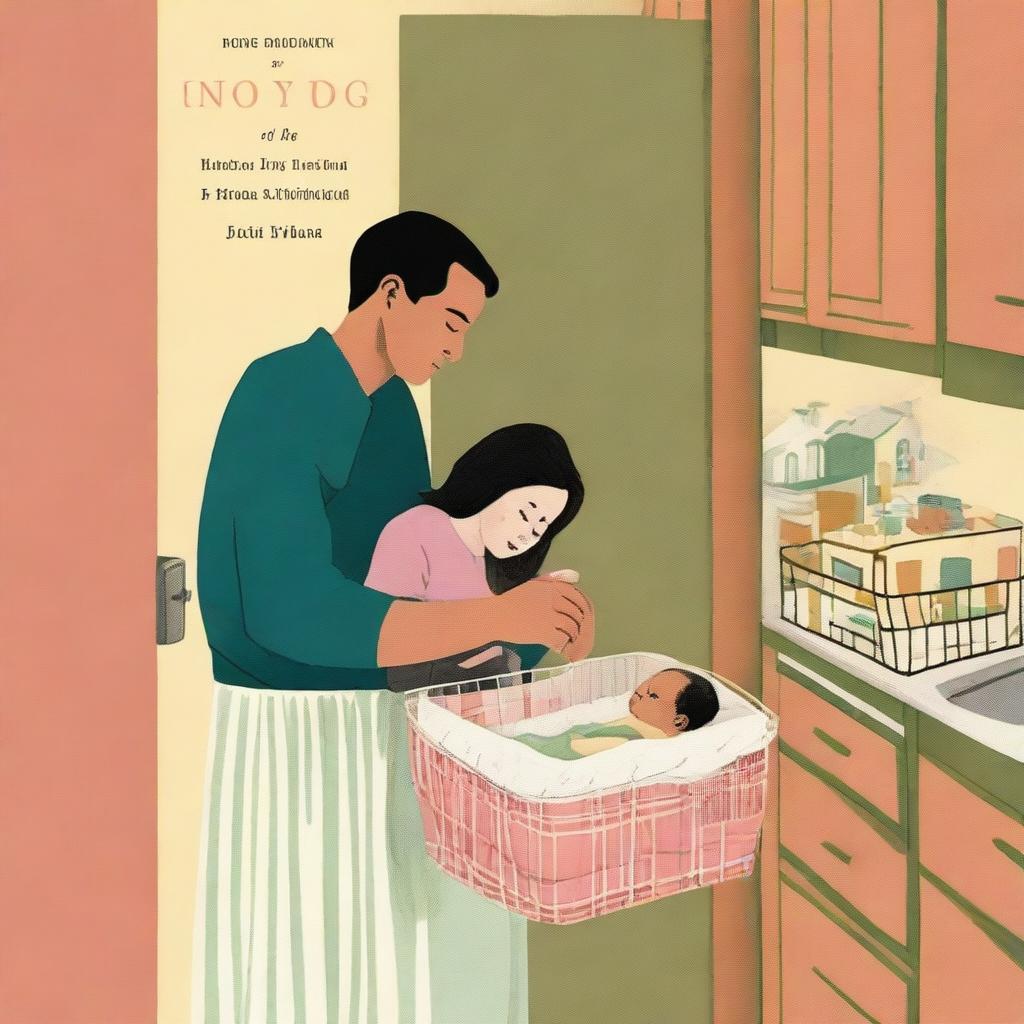 A book cover showing a father carrying a six-month-old baby in a bassinet while the mother is behind them inside a small apartment