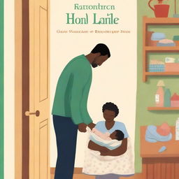 A book cover showing a father carrying a six-month-old baby in a bassinet while the mother is behind them inside a small apartment