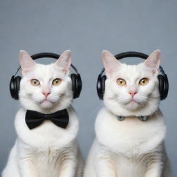 An annoyed black cat and a gleefully content white cat, each sporting stylish headphones, preserving harmony despite their mood differences.