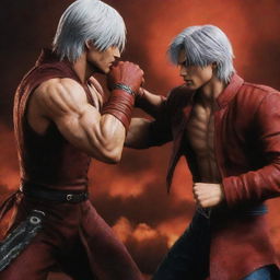 Dante from Devil May Cry punching Goku in a dramatic action scene