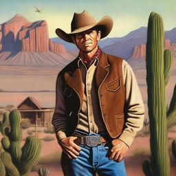 A detailed western portrait featuring a cowboy in traditional attire, including a wide-brimmed hat, leather vest, and boots