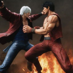 Dante from Devil May Cry punching Goku in a dramatic action scene