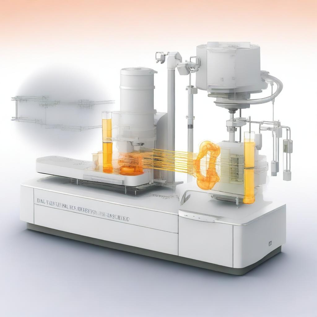 A detailed illustration of a synchrotron emitting radiation, being used for in-solution Small-Angle X-ray Scattering (SAXS) analysis