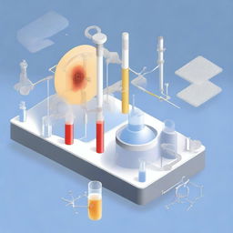 A detailed illustration of a synchrotron emitting radiation, being used for in-solution Small-Angle X-ray Scattering (SAXS) analysis