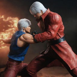 Dante from Devil May Cry punching Goku in a dramatic action scene