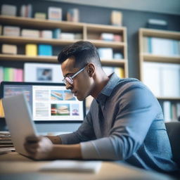 A man sitting at a desk, focused intently on his laptop, generating AI images