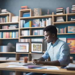 A man sitting at a desk, focused intently on his laptop, generating AI images