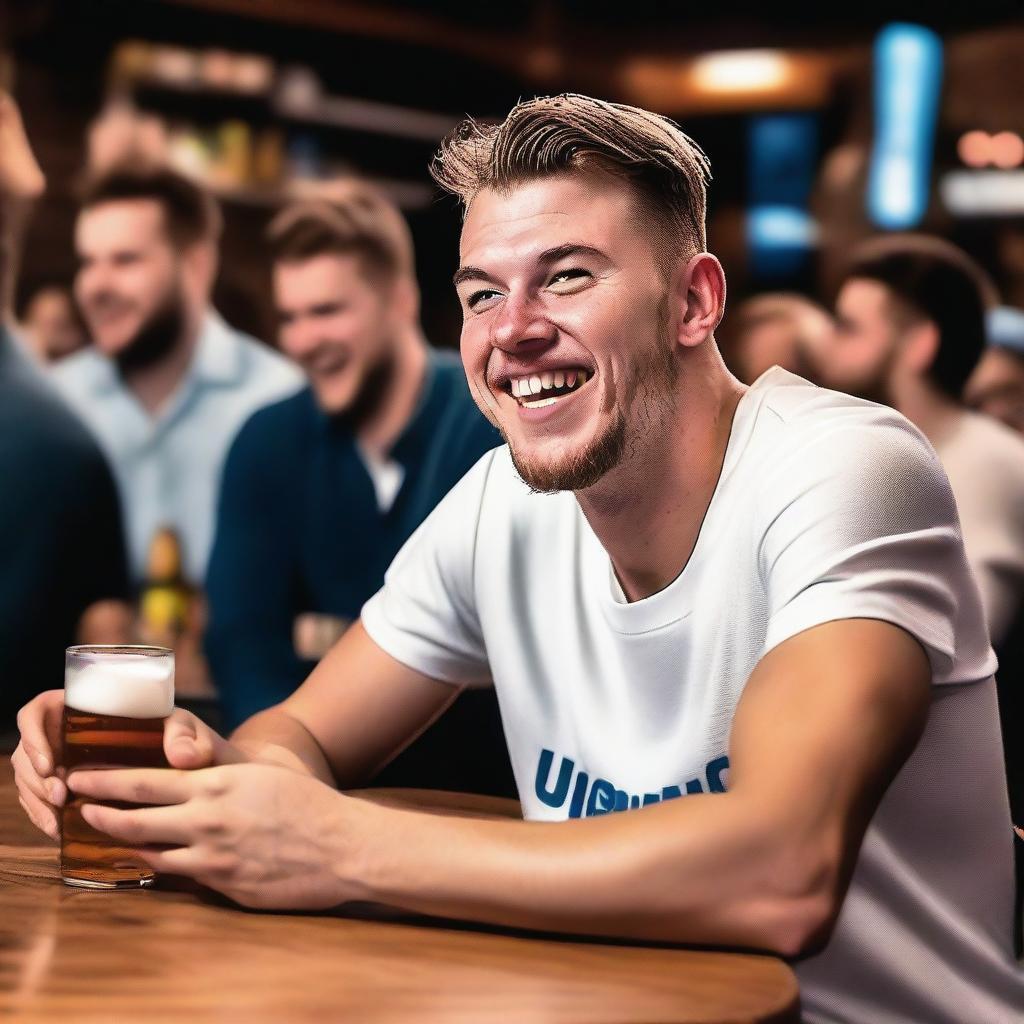 Luka Doncic, the famous basketball player, humorously attempting to eat a beer bottle