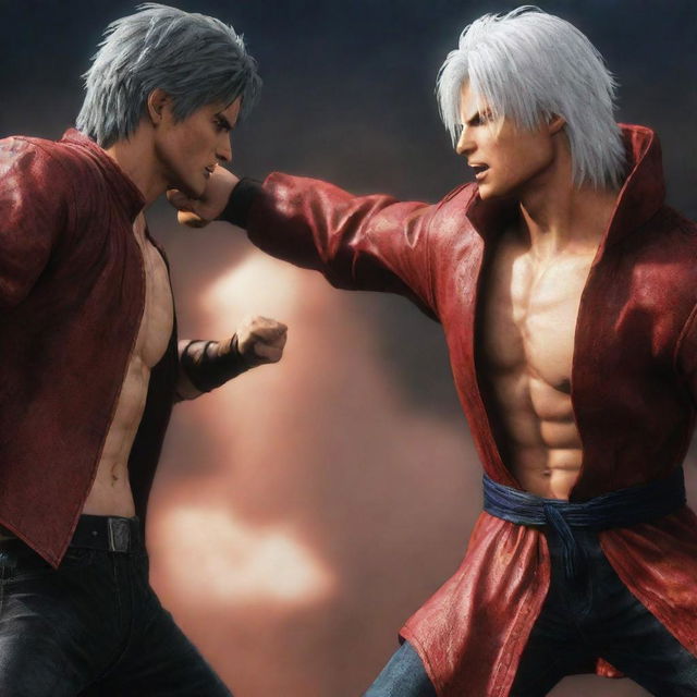 Dante from Devil May Cry punching Goku in a dramatic action scene