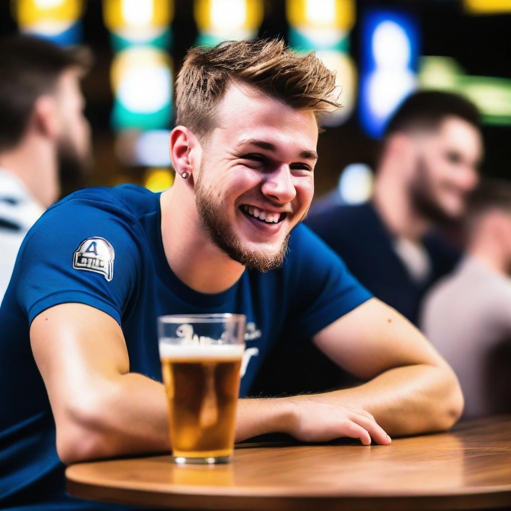 Luka Doncic, the famous basketball player, humorously attempting to eat a beer bottle