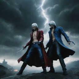 An intense battle scene between Vergil and Dante from Devil May Cry under a dramatic, stormy sky.