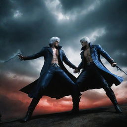 An intense battle scene between Vergil and Dante from Devil May Cry under a dramatic, stormy sky.