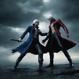 An intense battle scene between Vergil and Dante from Devil May Cry under a dramatic, stormy sky.