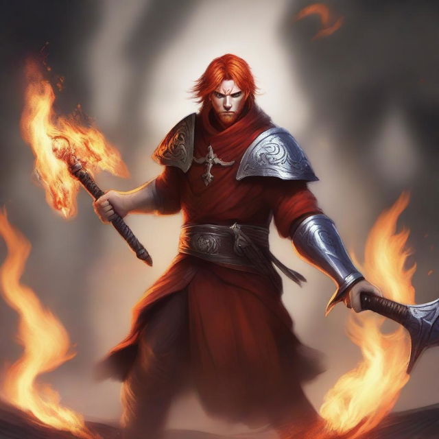 Create an image of a Fire Genasi cleric wielding axes