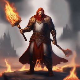 Create an image of a Fire Genasi cleric wielding axes