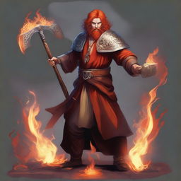 Create an image of a Fire Genasi cleric wielding axes