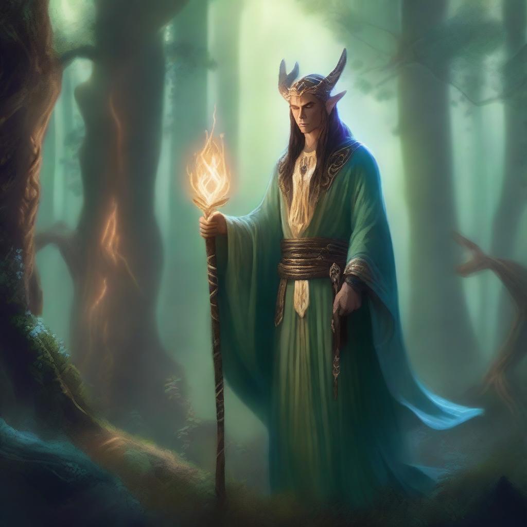 A detailed fantasy illustration of an Eladrin sorcerer named Ralph