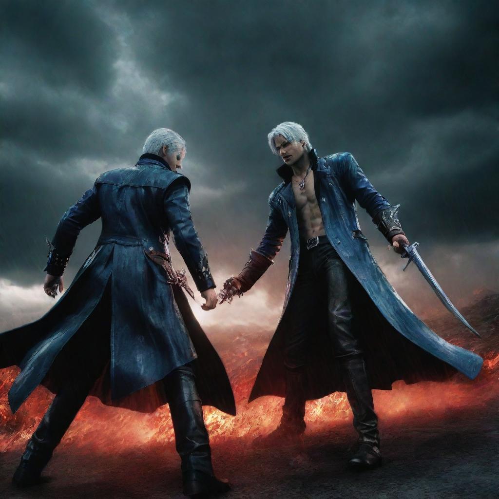 An intense battle scene between Vergil and Dante from Devil May Cry under a dramatic, stormy sky.