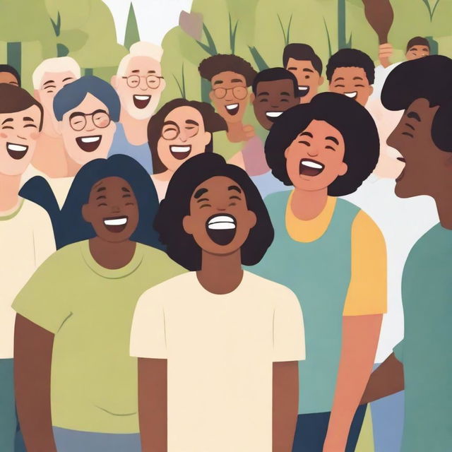 A lively scene featuring a diverse crowd of people laughing together