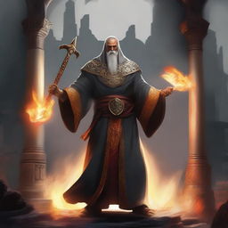 Create an image of a cleric wielding axes and casting fire spells