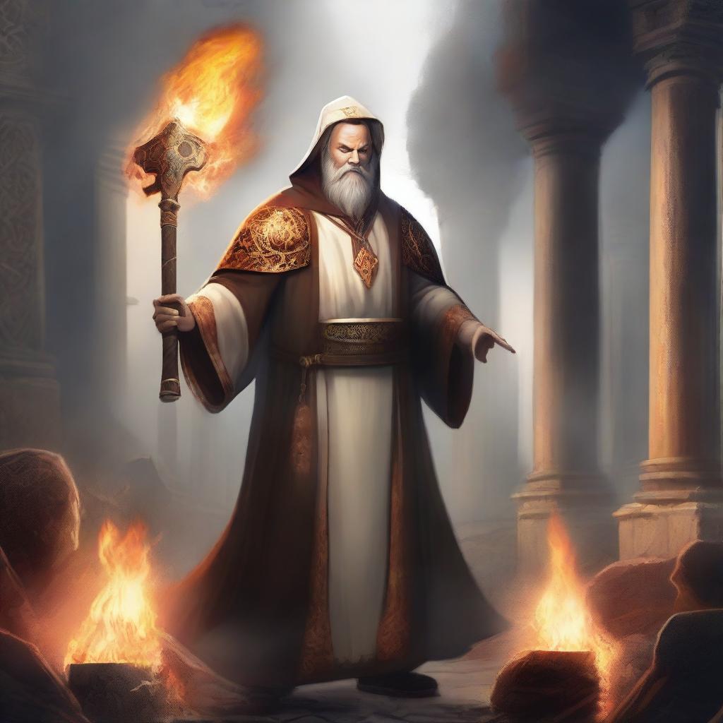 Create an image of a cleric wielding axes and casting fire spells