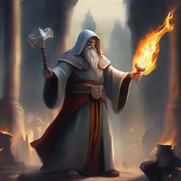 Create an image of a cleric wielding axes and casting fire spells