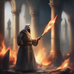 Create an image of a cleric wielding axes and casting fire spells