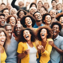 A lively and joyful scene of a crowd of people laughing together